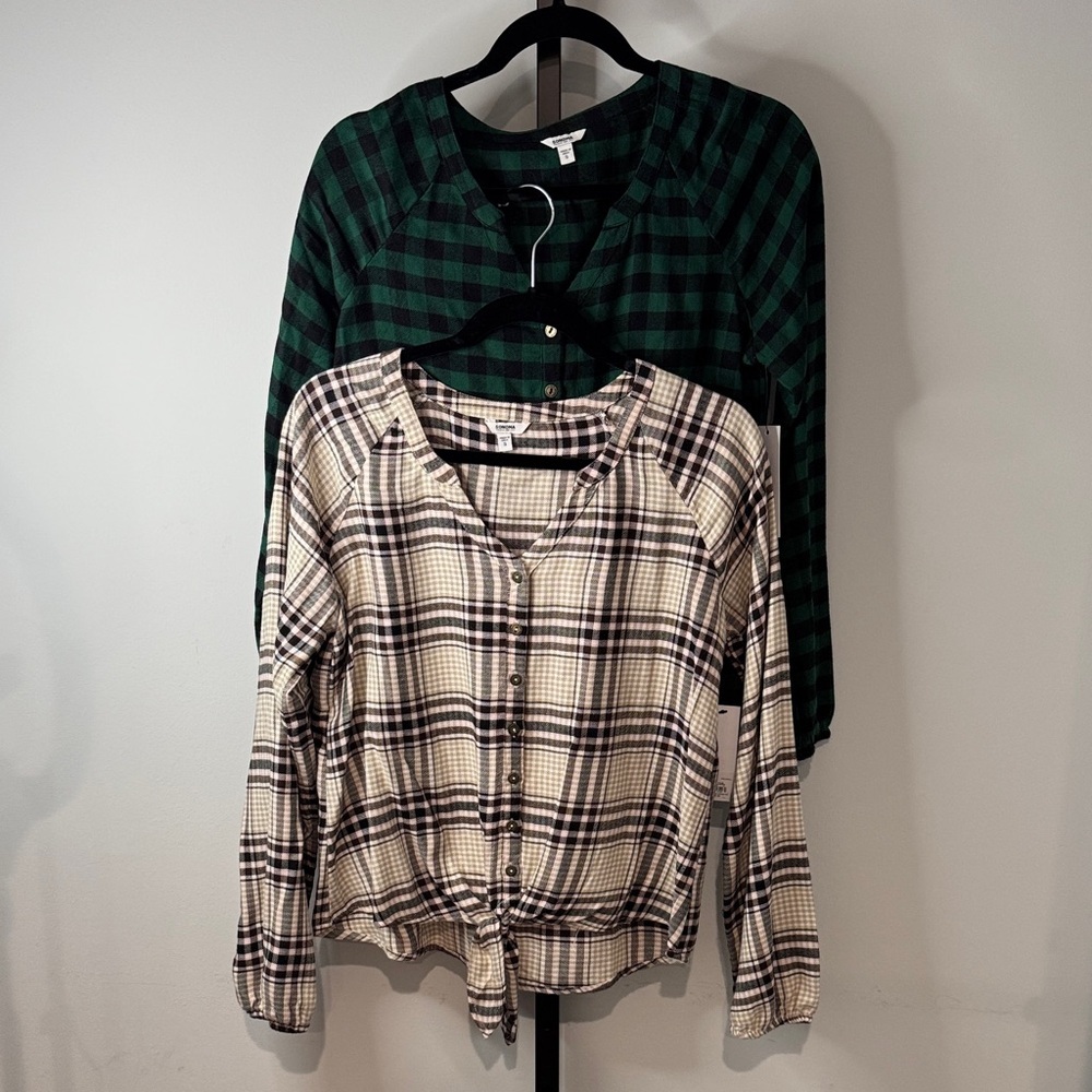 Kohl's Sonoma Cream and Green Plaid Button-Down Tied Tops Women’s Small New NWT